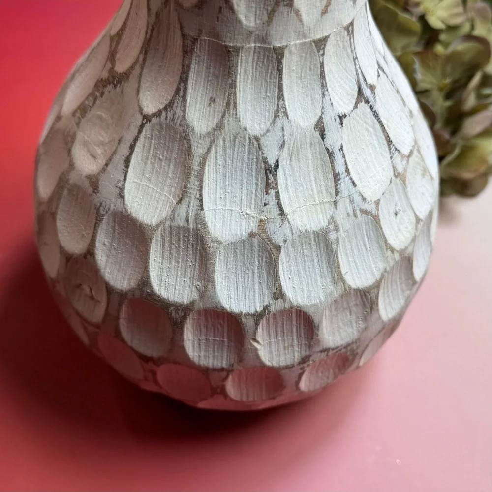 Pier One carved wood white wash divot vase
